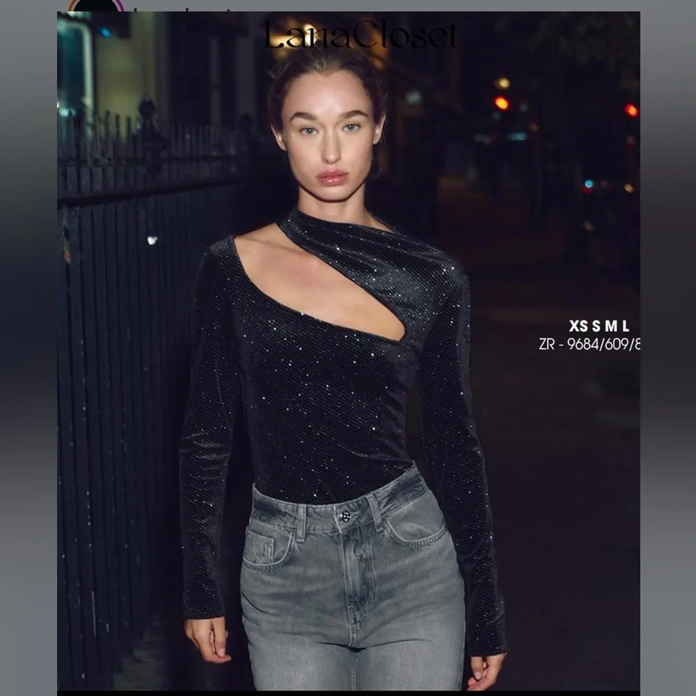 ZARA black glitter velvet asymmetrical bodysuit - Picture 4 of 9